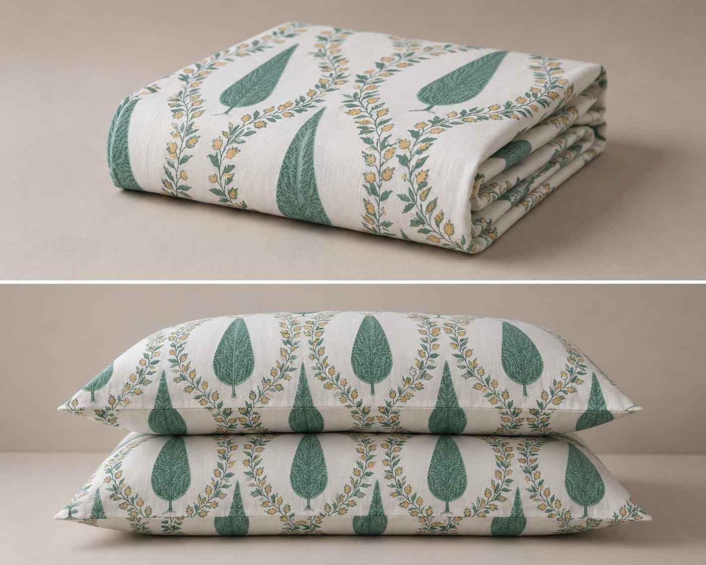 Sage Leaf Elegance – Cream, Sage Teal & Soft Gold - Bedsheets - ChapaSsyahii