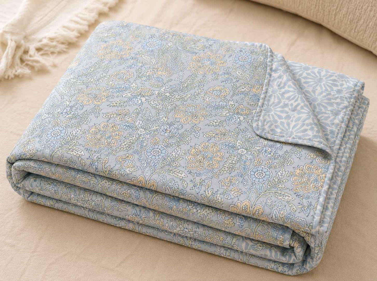 Serene Sky Mughal Trail Handblock Reversible Dohar - Dohar - ChapaSsyahii