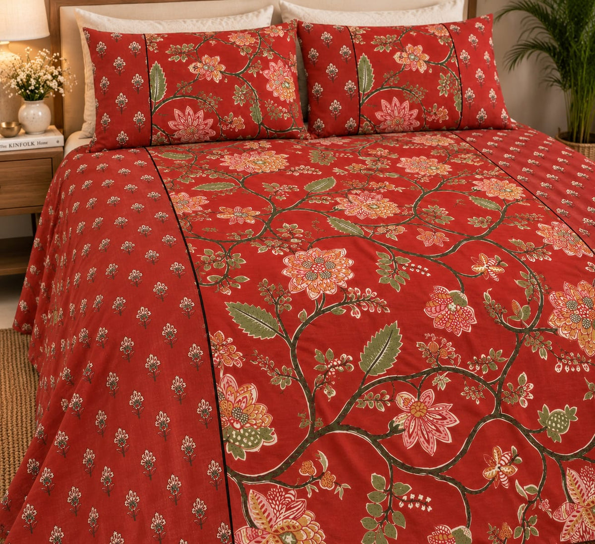 ChapaSsyahii Ajrakh Mix and Match Bedsheet Set - Red Floral, full bed shot