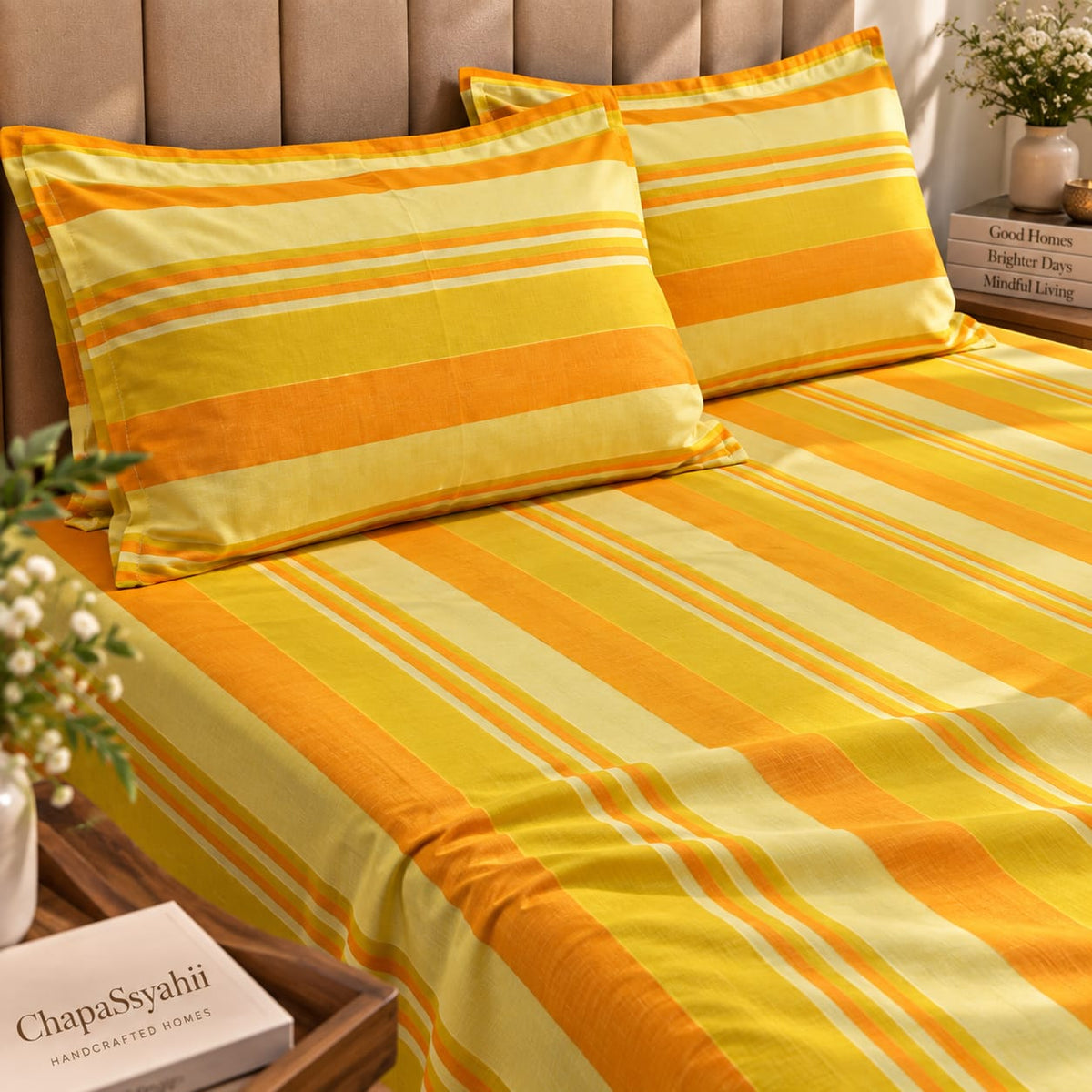 Golden Yellow & Orange Multistripe Handloom Bedsheet Set - ChapaSsyahii