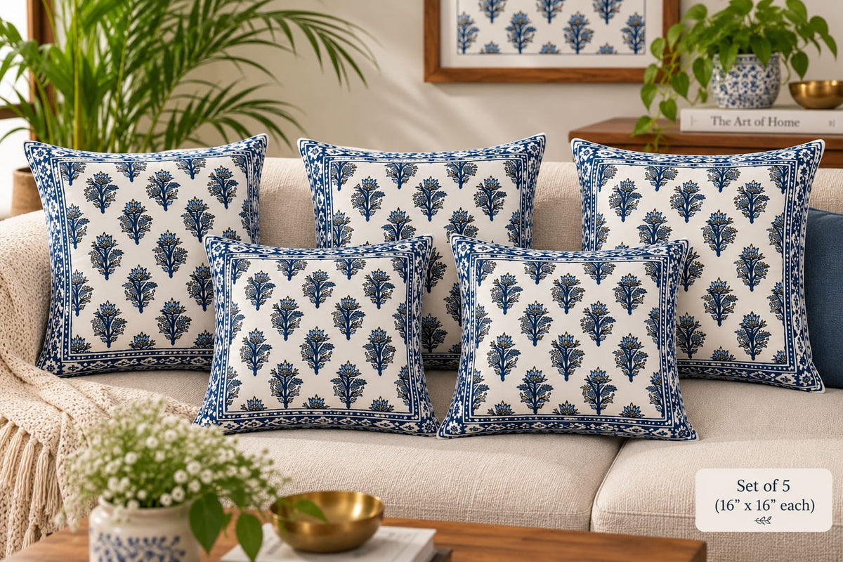 ChapaSsyahii Cushion Cover Set of 5 - Blue Floral Sprig, set of 5
