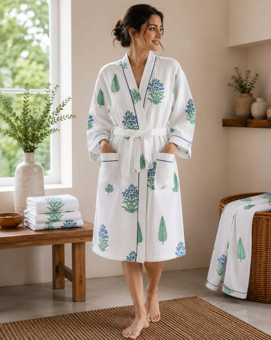 Botanical Blue Leaf Unisex Cotton Waffle Bathrobe