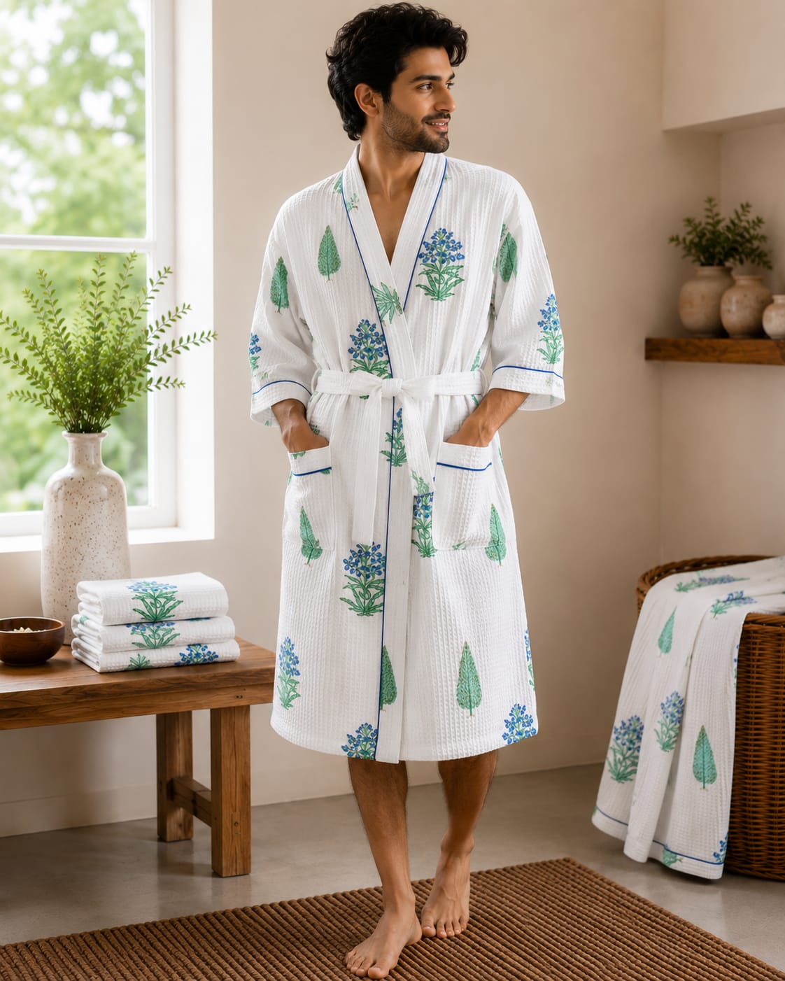 Botanical Blue Leaf Unisex Cotton Waffle Bathrobe