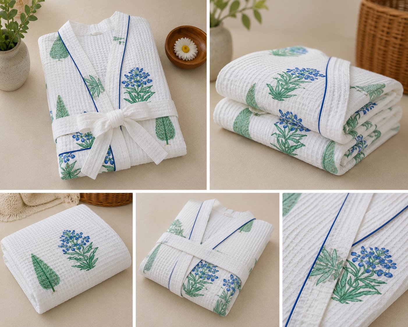 Botanical Blue Leaf Unisex Cotton Waffle Bathrobe