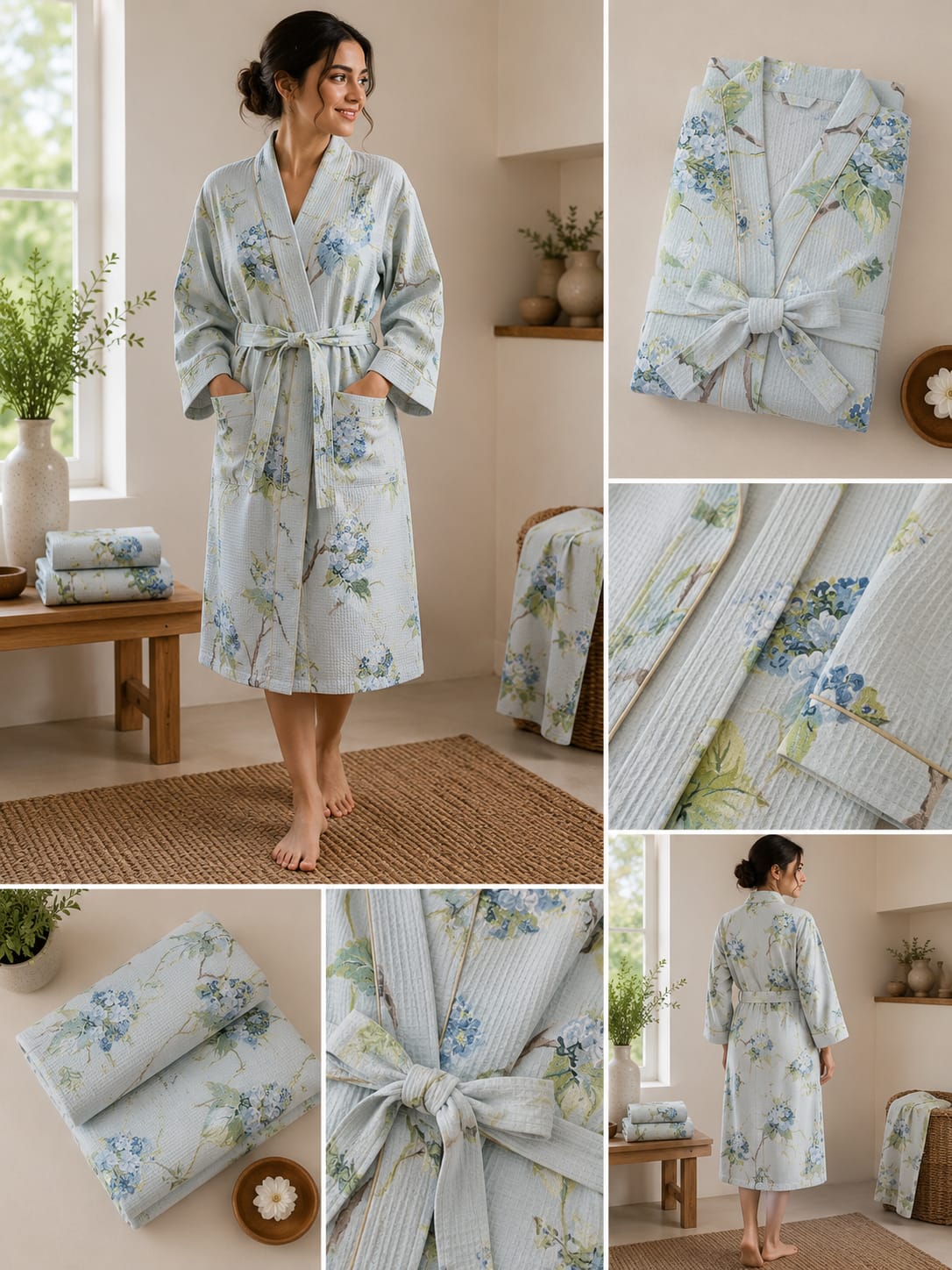 Powder Blue Hydrangea Unisex Cotton Waffle Bathrobe