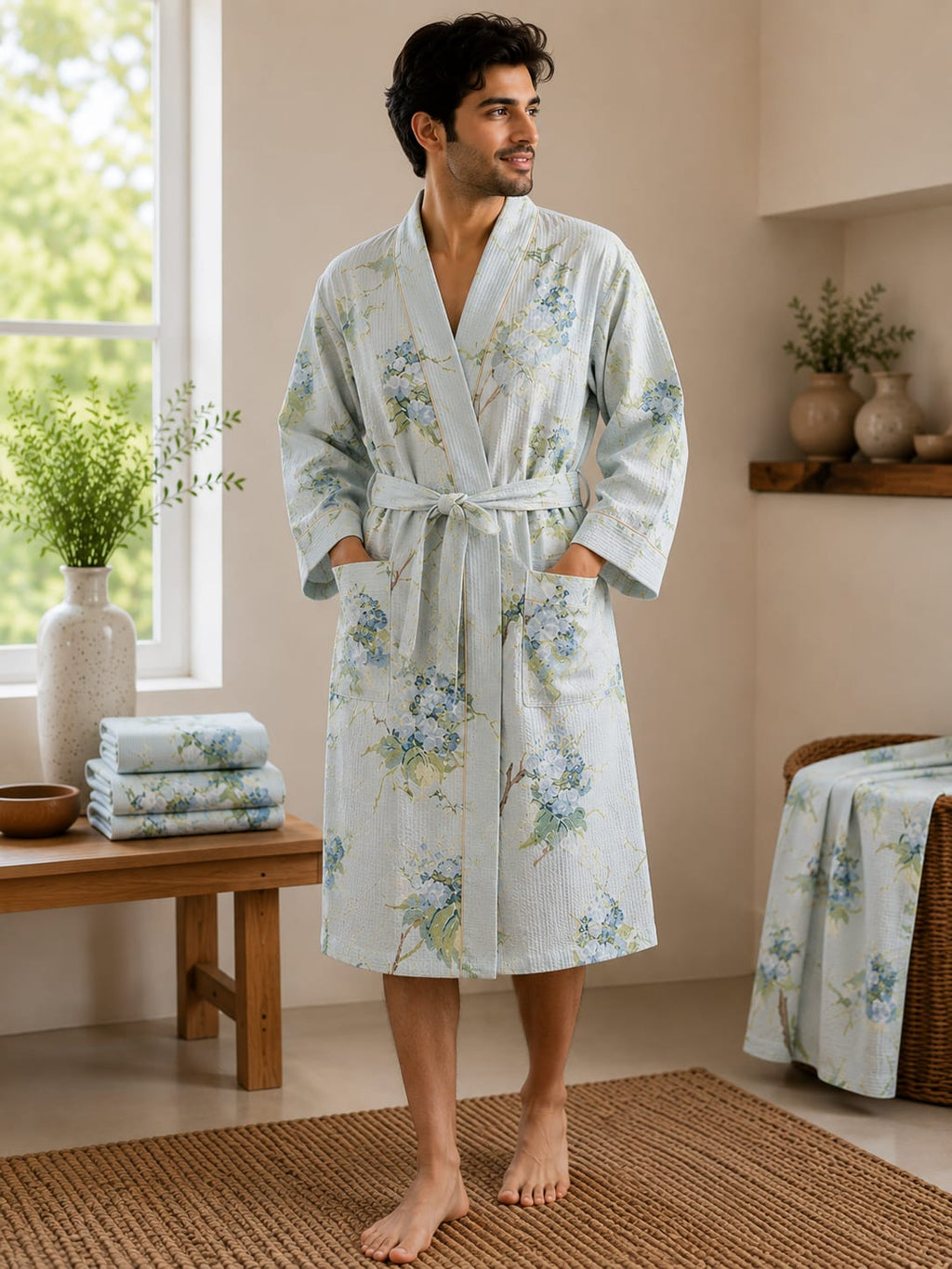Powder Blue Hydrangea Unisex Cotton Waffle Bathrobe