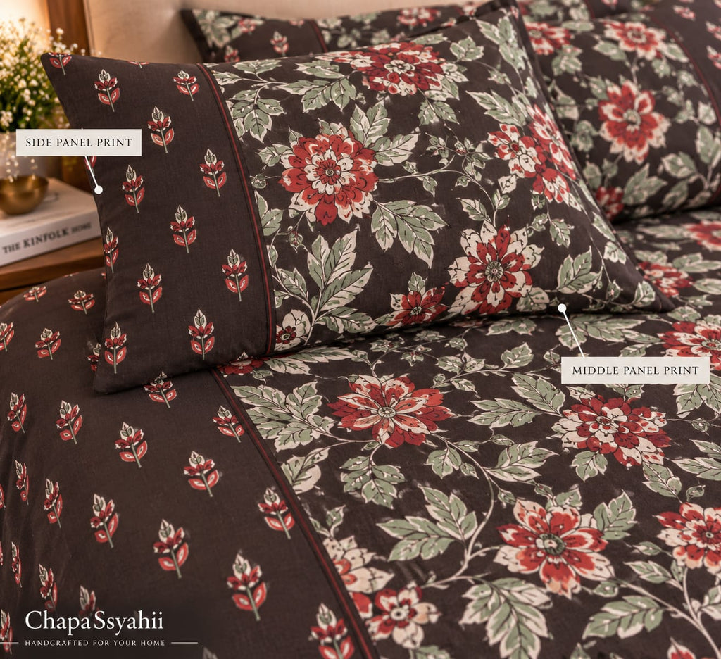 ChapaSsyahii Ajrakh Mix and Match Bedsheet Set - Brown Floral, print detail close-up