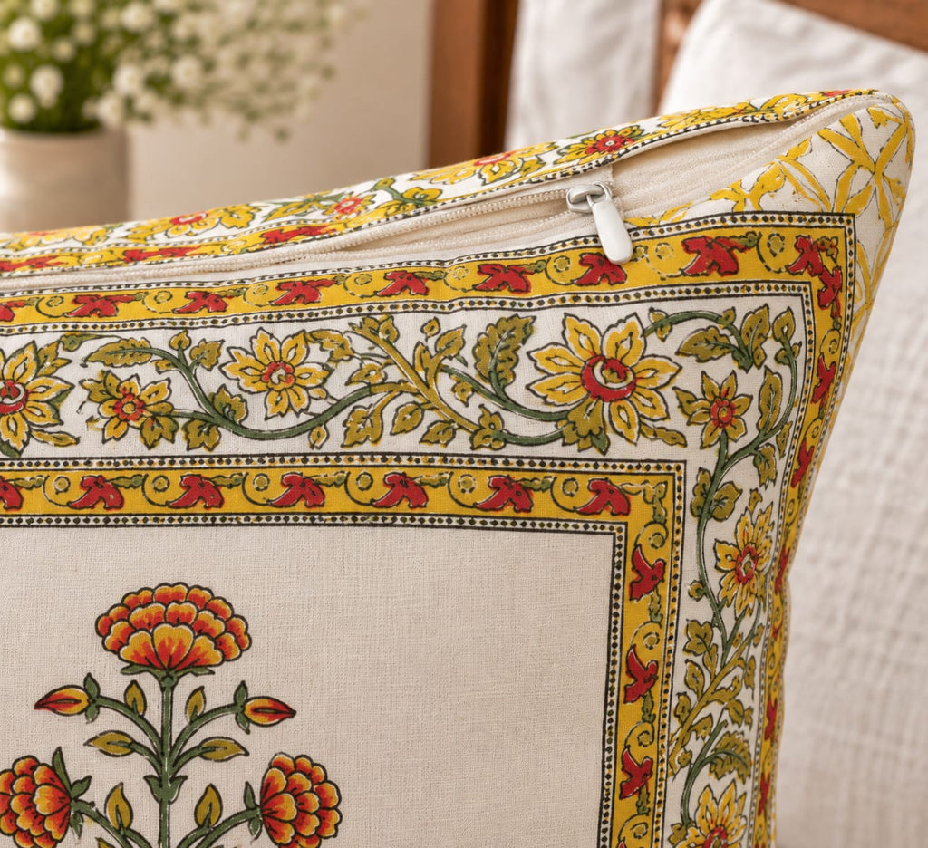 ChapaSsyahii Cushion Cover Set of 5 - Yellow Marigold Bouquet, zip and border close-up