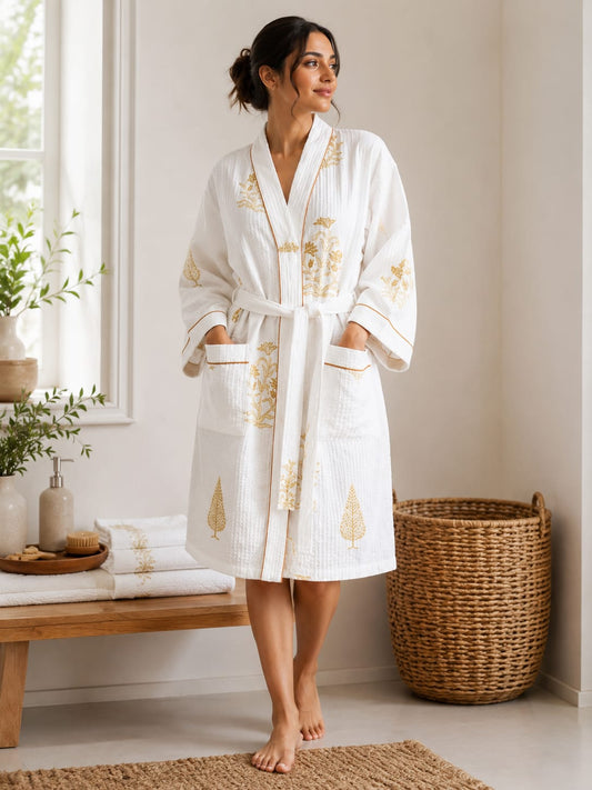 Golden Vine Motif Unisex Cotton Waffle Bathrobe