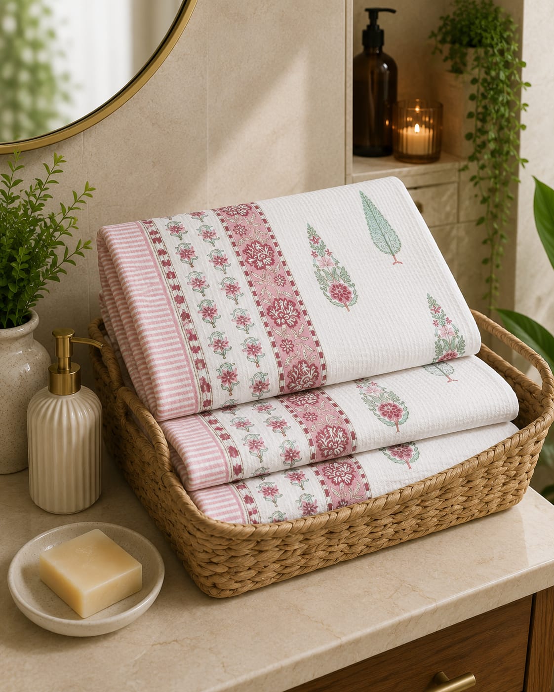 Pink Vine Buta Waffle Towel