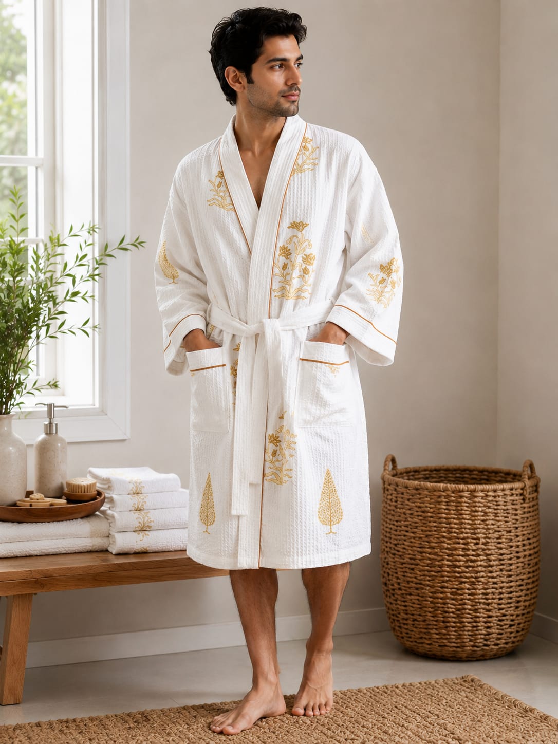 Golden Vine Motif Unisex Cotton Waffle Bathrobe