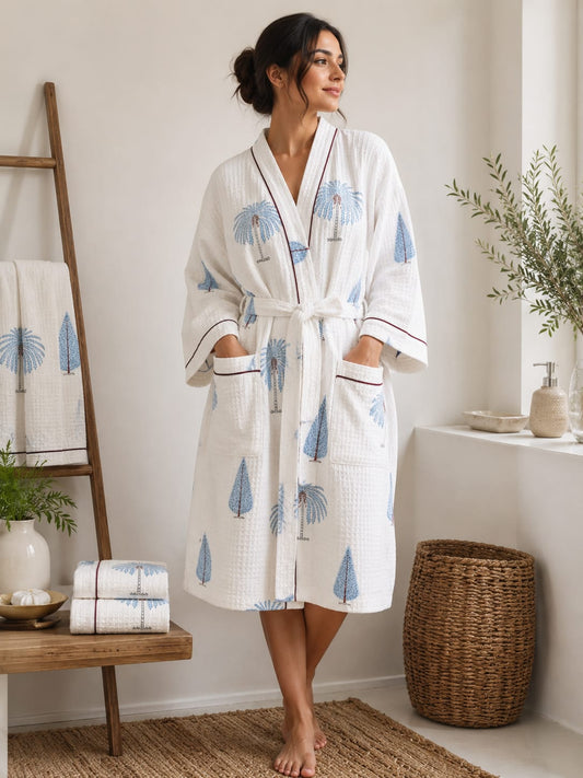 Blue Palm Grove Unisex Cotton Waffle Bathrobe