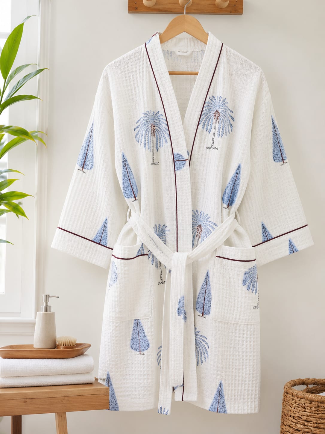 Blue Palm Grove Unisex Cotton Waffle Bathrobe