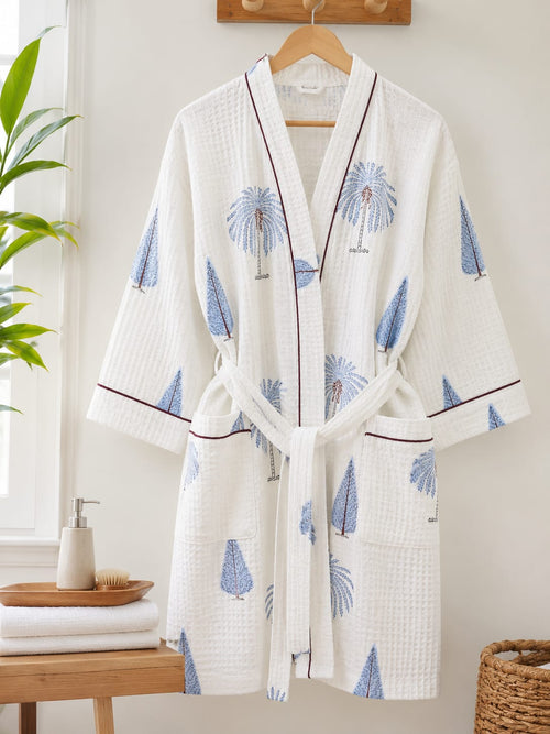 Blue Palm Grove Unisex Cotton Waffle Bathrobe