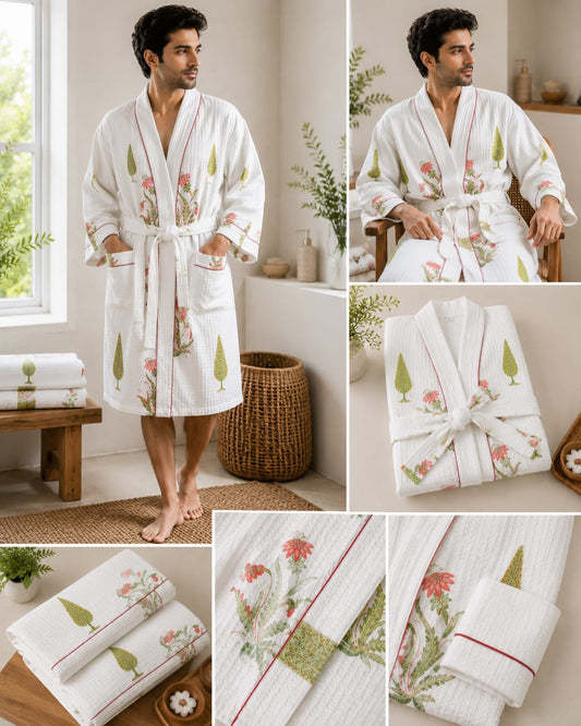 Coral Garden Leaf Unisex Cotton Waffle Bathrobe