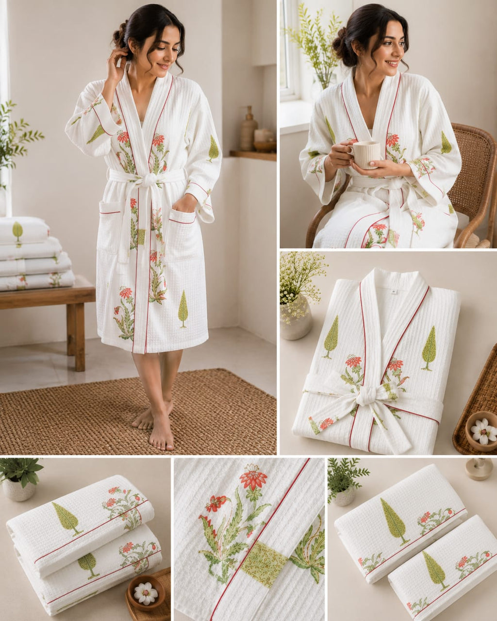 Coral Garden Leaf Unisex Cotton Waffle Bathrobe