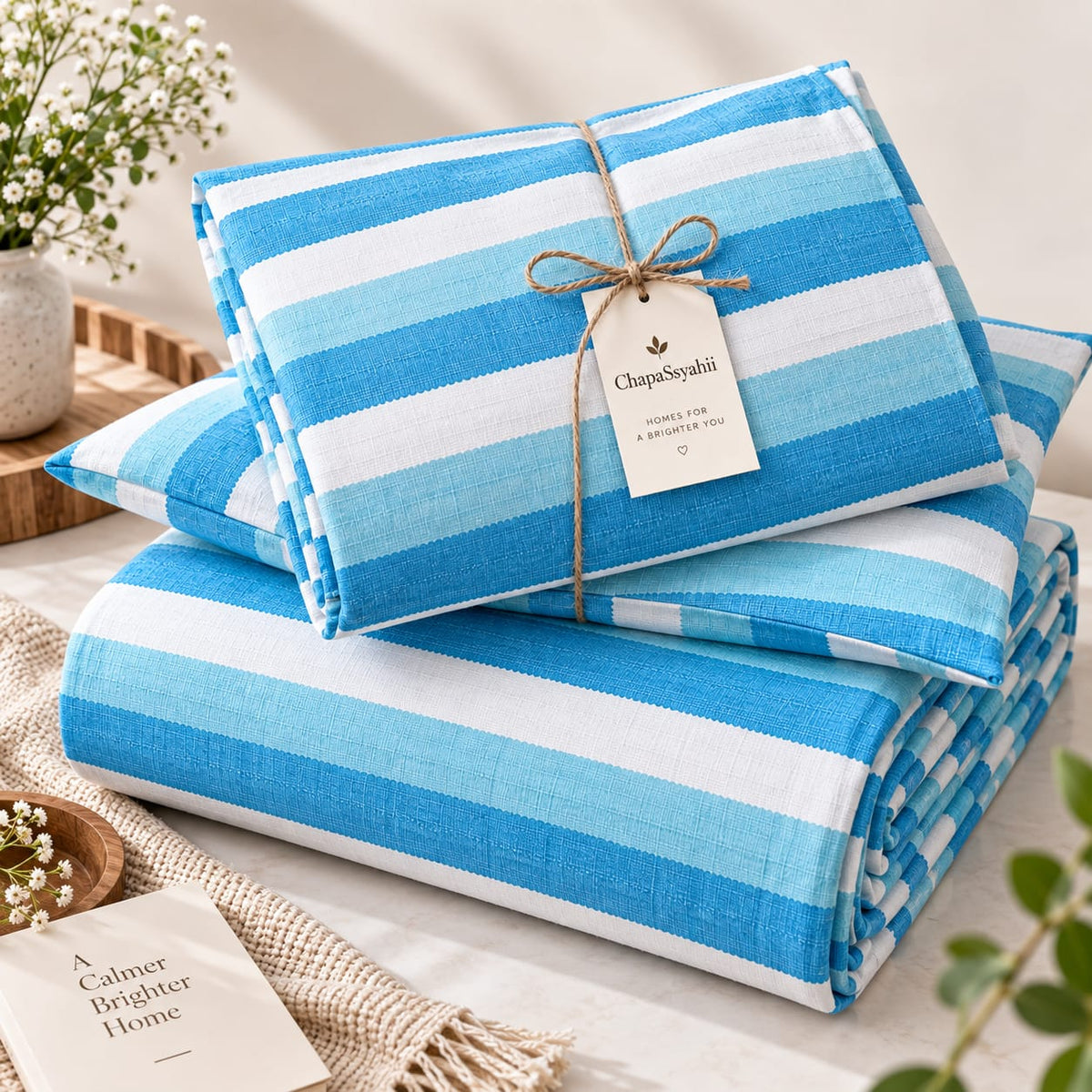 Turquoise Blue & White Multistripe Handloom Bedsheet Set - ChapaSsyahii