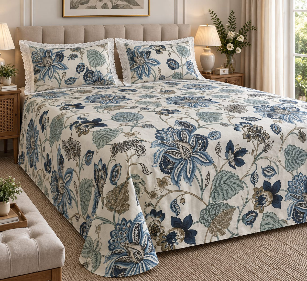 Chatsworth Jacobean Bloom - Cotton King Size Bedsheet - ChapaSSyahii - King Size Bedsheet - ChapaSsyahii