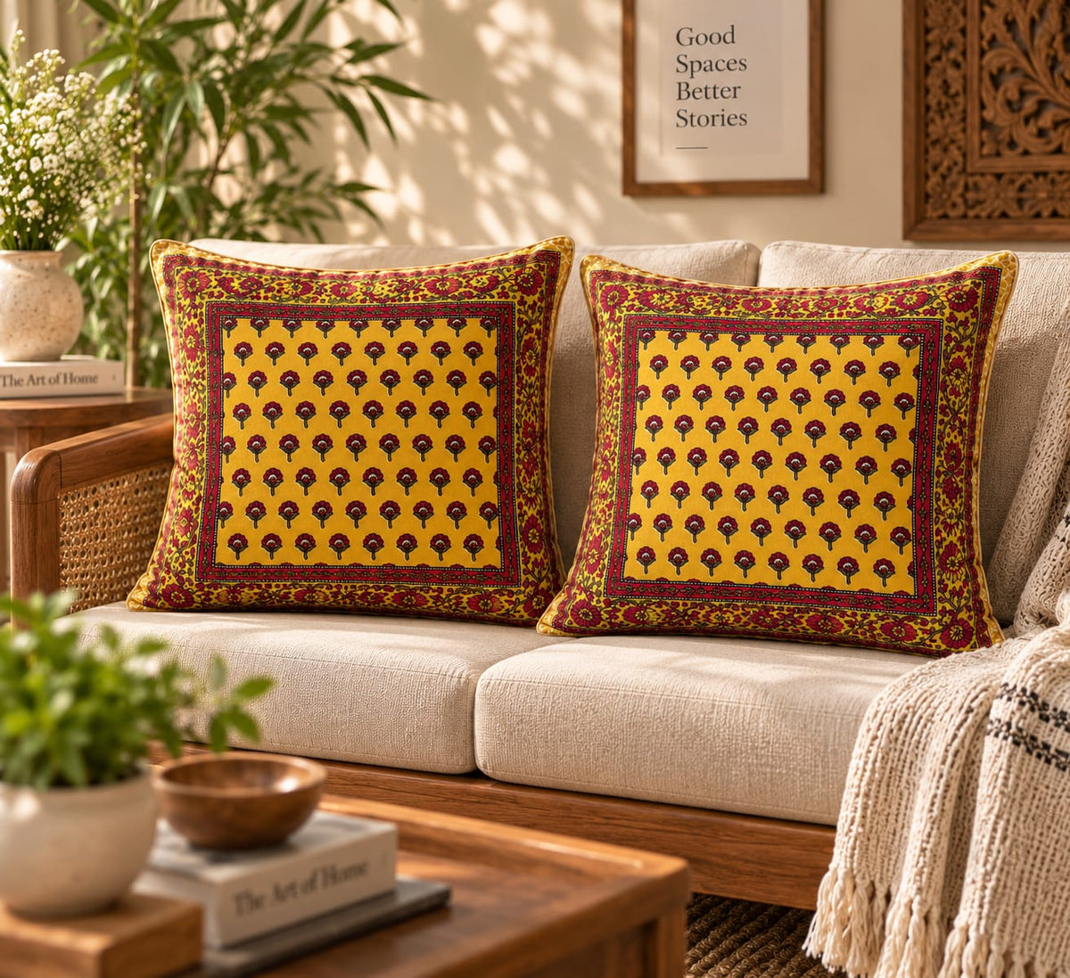 ChapaSsyahii Cushion Cover Set of 5 - Mustard Fan Buti, pair on sofa