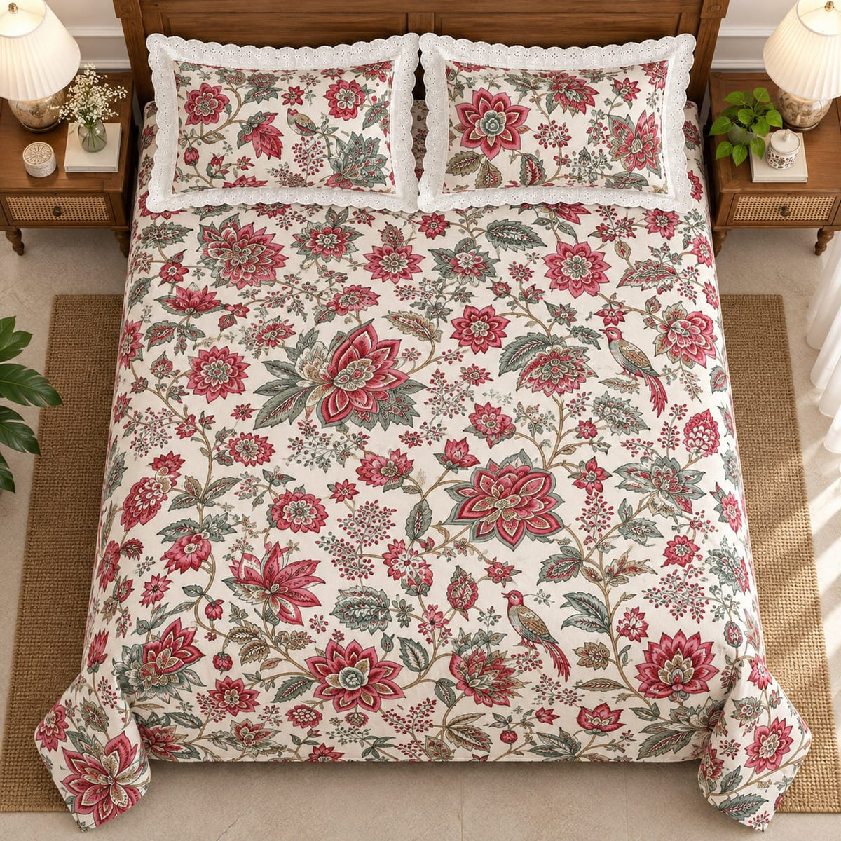 Sandringham Crimson Bird - Cotton King Size Bedsheet - ChapaSSyahii - full bed top view