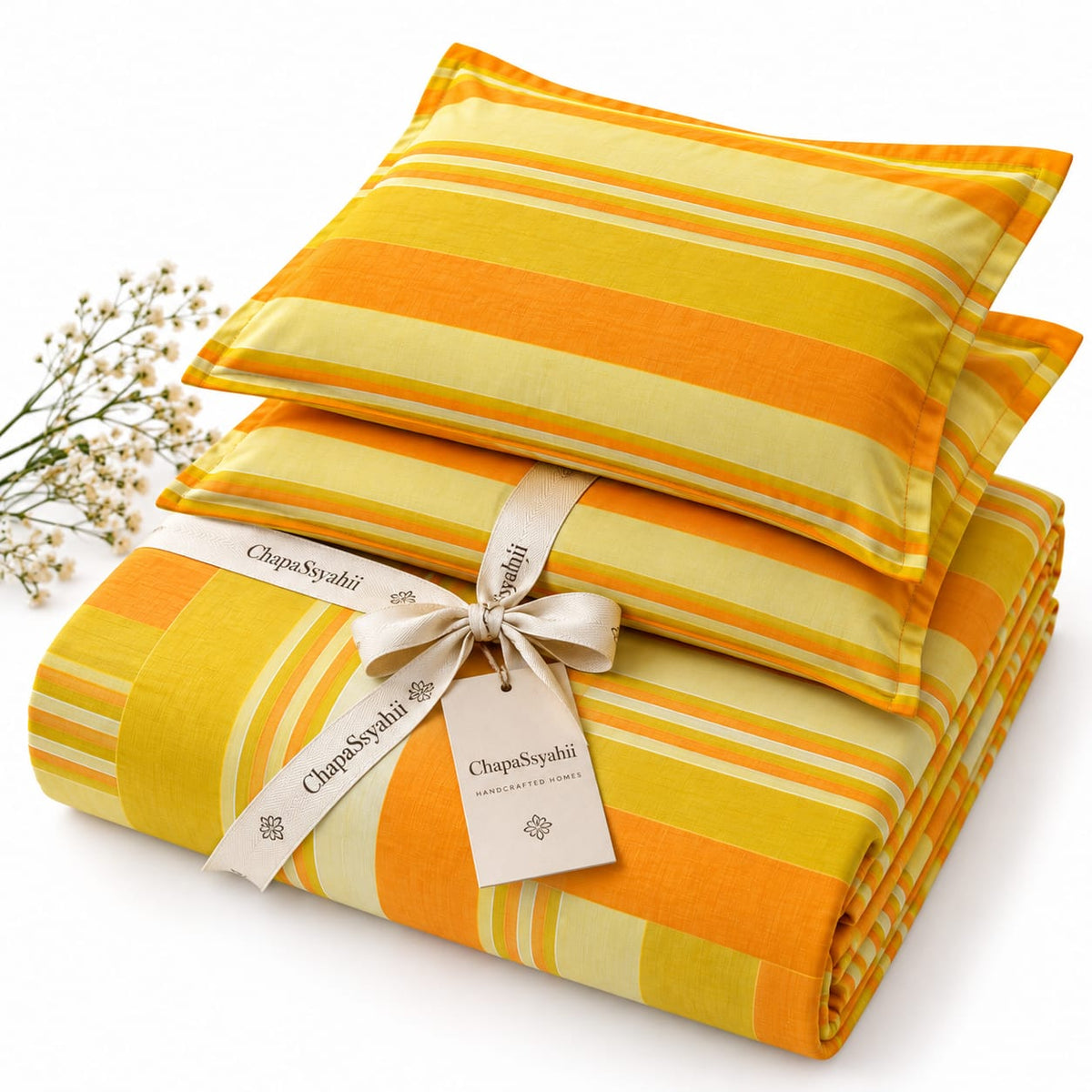Golden Yellow & Orange Multistripe Handloom Bedsheet Set - ChapaSsyahii