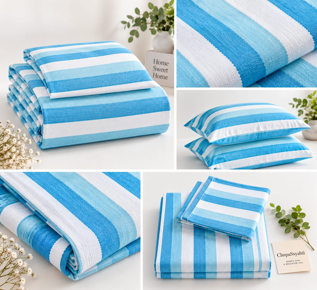 Turquoise Blue & White Multistripe Handloom Bedsheet Set - ChapaSsyahii