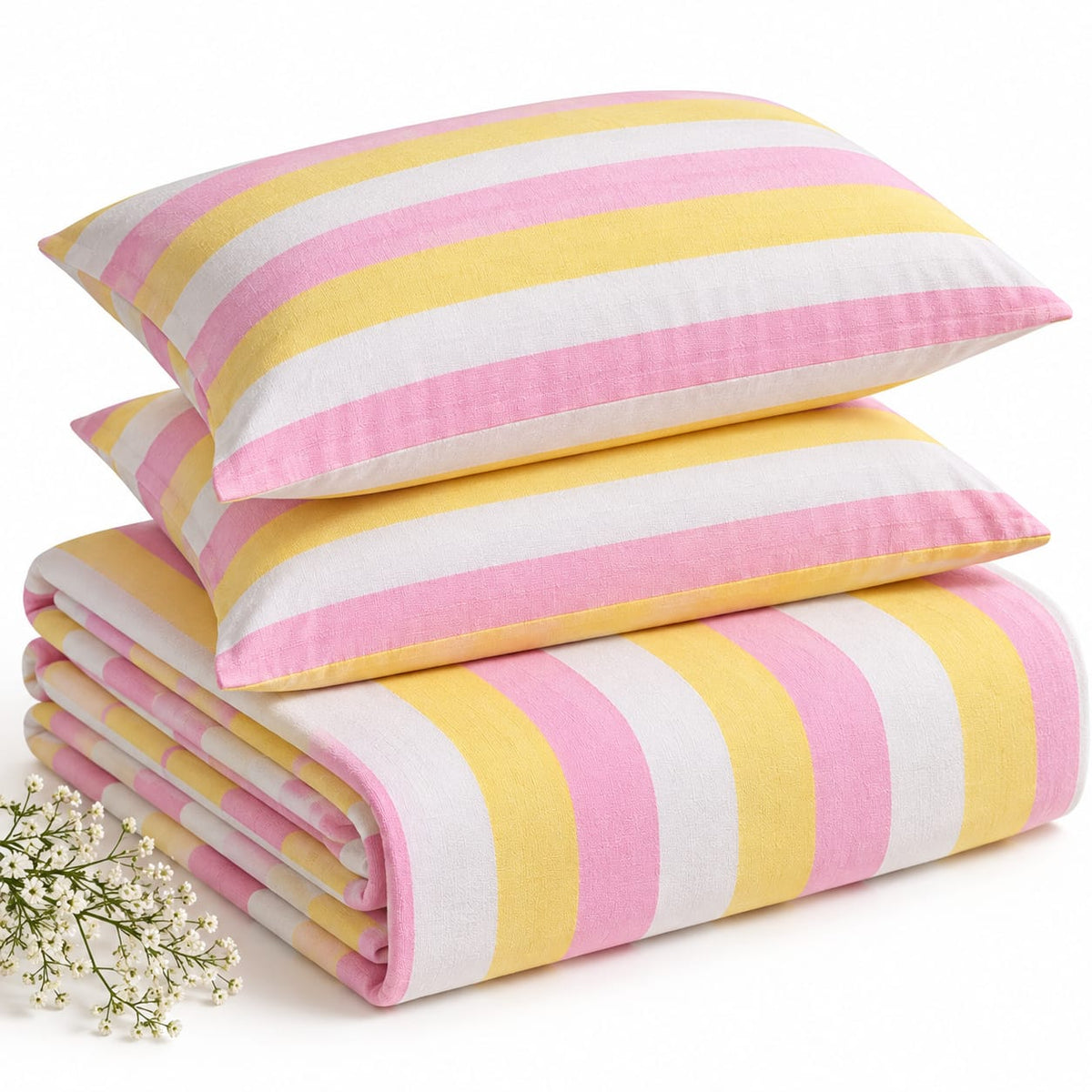 Blush Pink & Yellow Multistripe Handloom Bedsheet Set - ChapaSsyahii