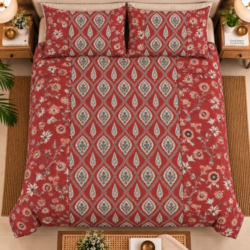 ChapaSsyahii Ajrakh Mix and Match Bedsheet Set - Maroon Trellis, print detail close-up
