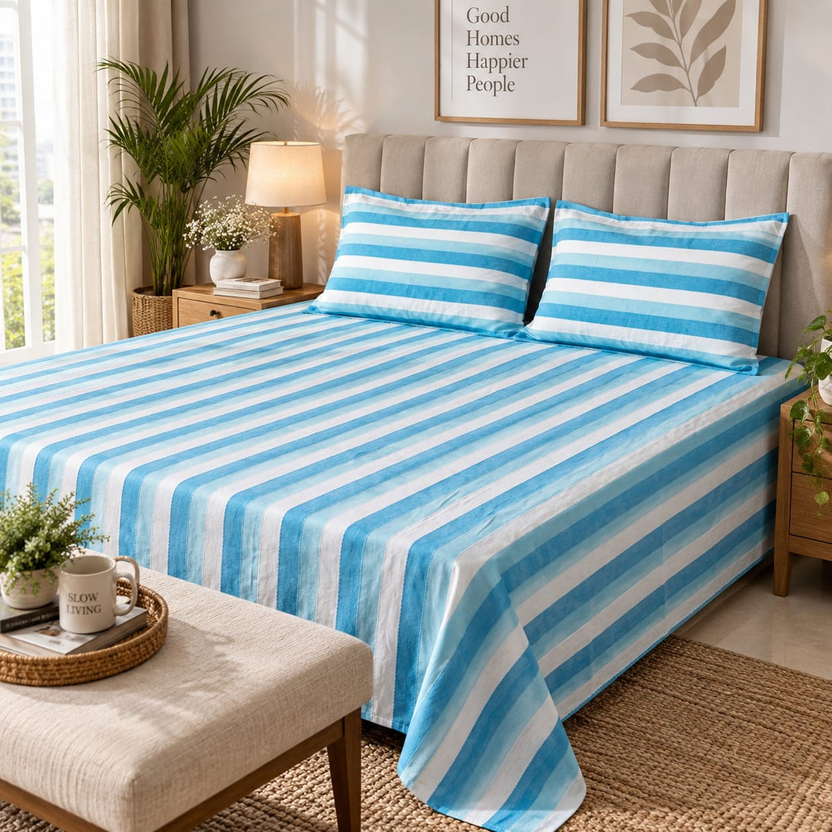 Turquoise Blue & White Multistripe Handloom Bedsheet Set - ChapaSsyahii