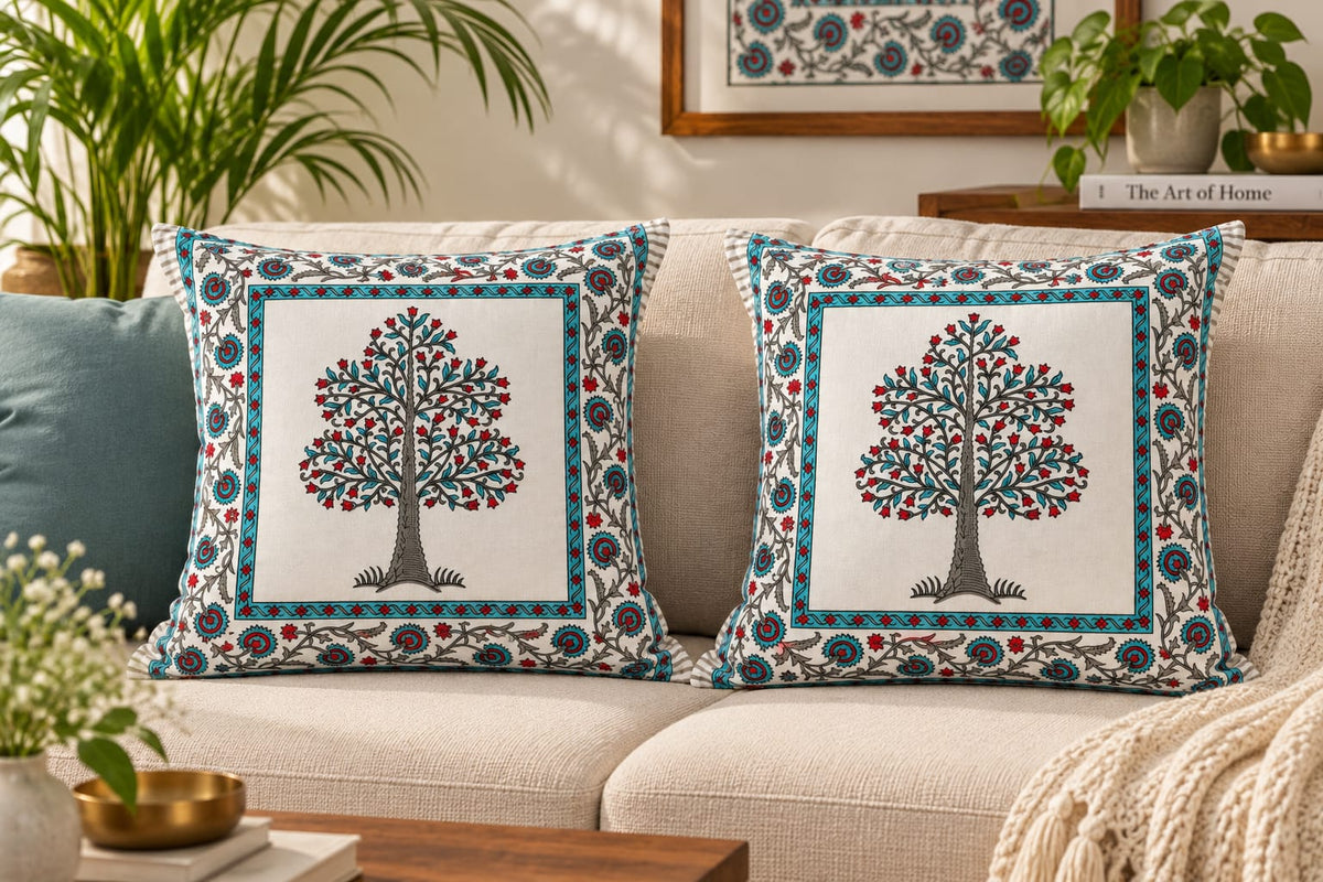 ChapaSsyahii Cushion Cover Set of 5 - Turquoise Tree of Life, pair on sofa
