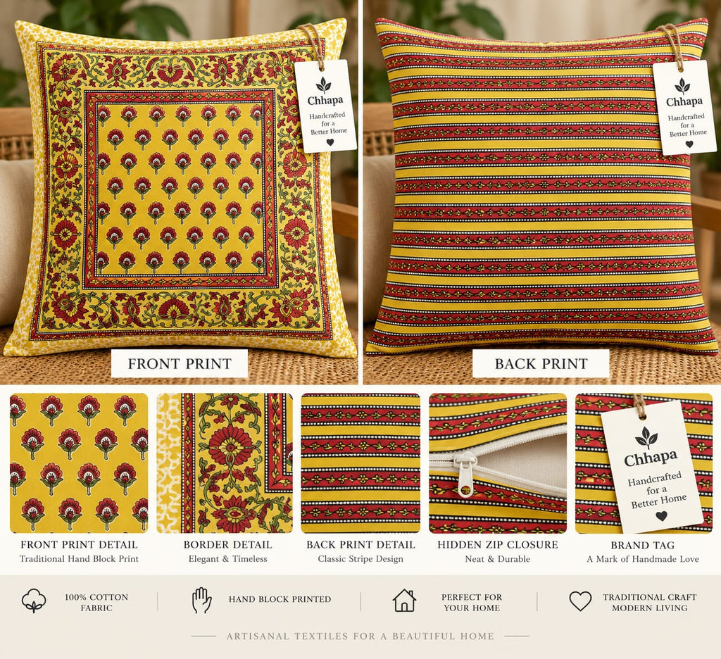 ChapaSsyahii Cushion Cover Set of 5 - Mustard Fan Buti, front, back and detail