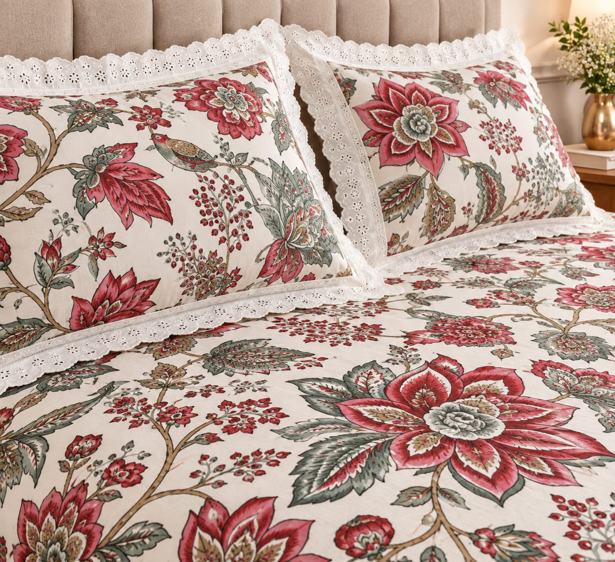 Sandringham Crimson Bird - Cotton King Size Bedsheet - ChapaSSyahii - pillow closeup