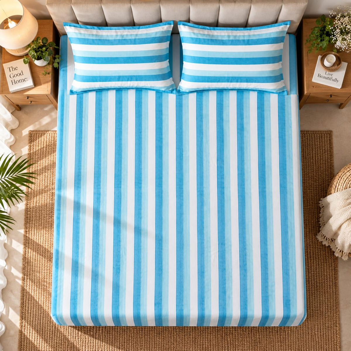 Turquoise Blue & White Multistripe Handloom Bedsheet Set - ChapaSsyahii