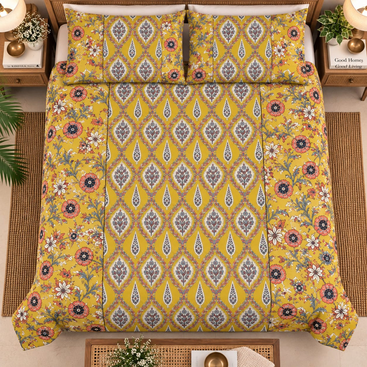 ChapaSsyahii Ajrakh Mix and Match Bedsheet Set - Yellow Trellis, styled on bed