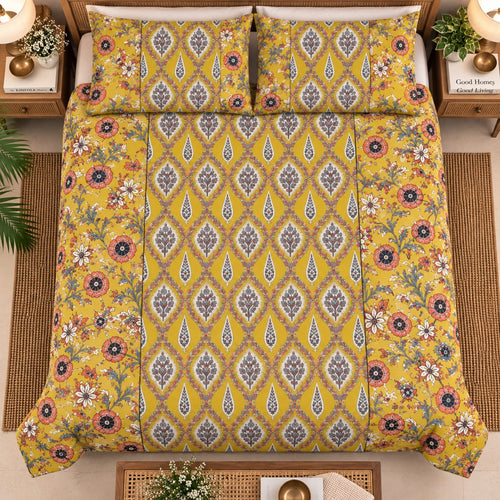 ChapaSsyahii Ajrakh Mix and Match Bedsheet Set - Yellow Trellis, styled on bed