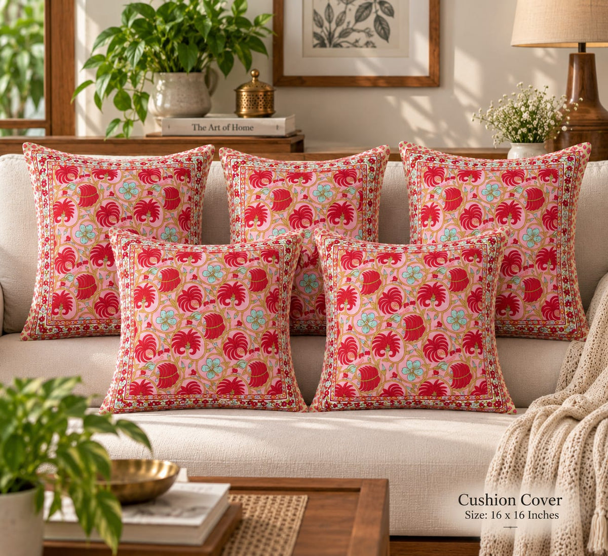 ChapaSsyahii Cushion Cover Set of 5 - Pink Pomegranate Bloom, set of 5 on sofa