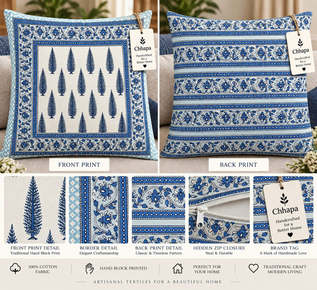 ChapaSsyahii Cushion Cover Set of 5 - Blue Cypress, front, back and detail