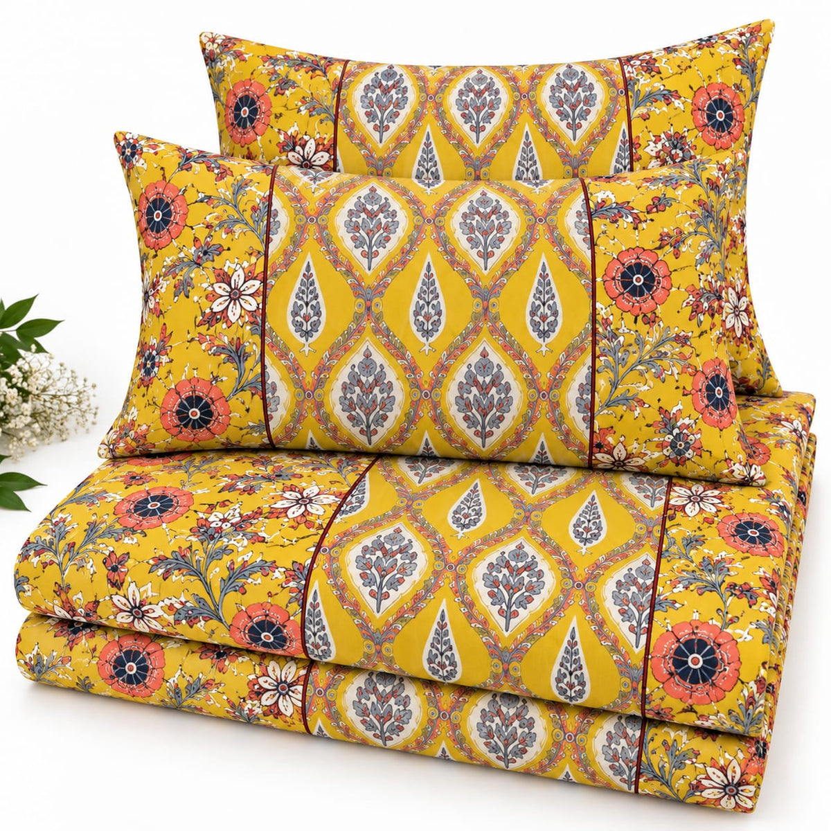 ChapaSsyahii Ajrakh Mix and Match Bedsheet Set - Yellow Trellis, folded