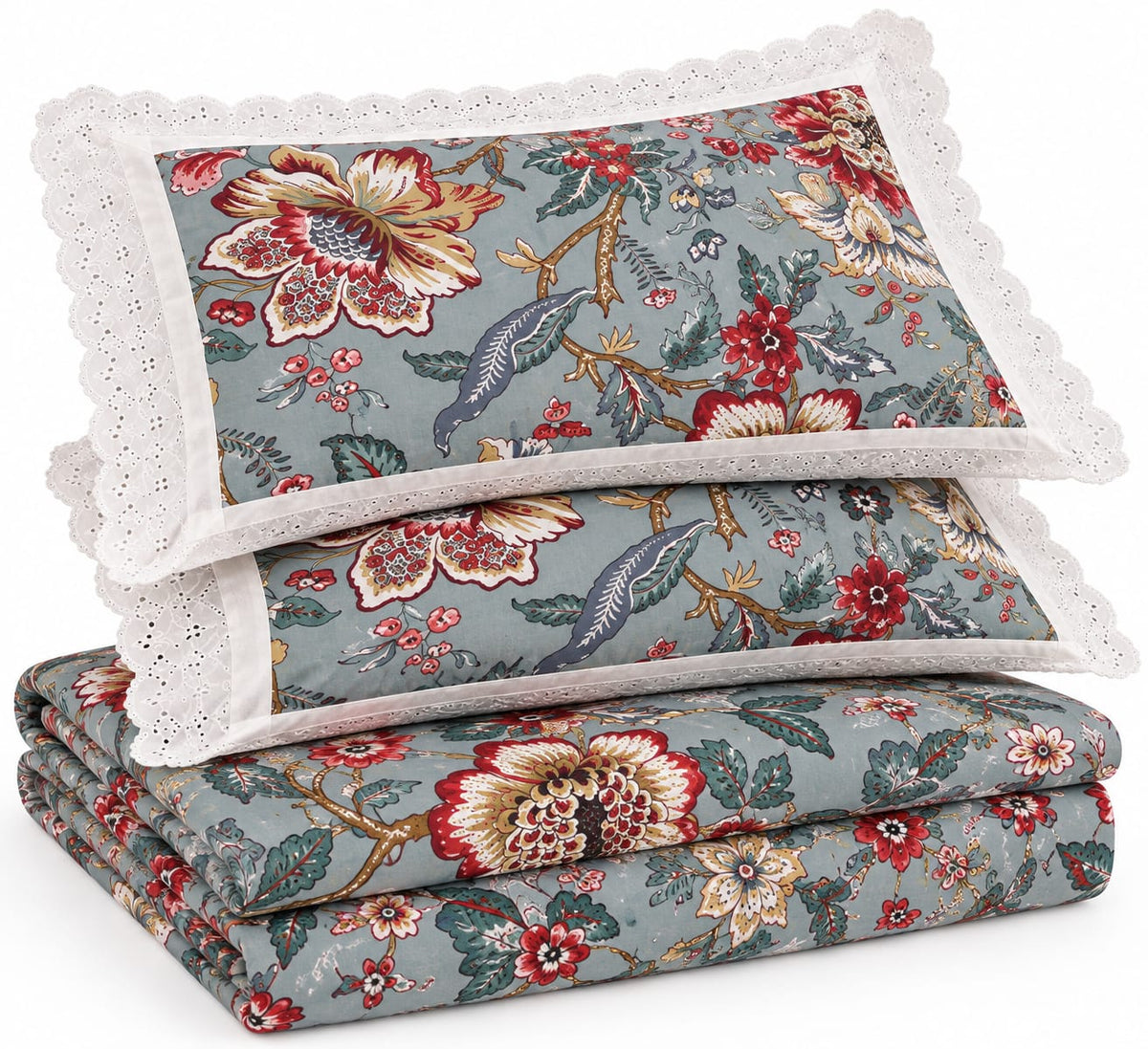 Balmoral Teal Bird Bloom - Cotton King Size Bedsheet - ChapaSSyahii - pillow stack