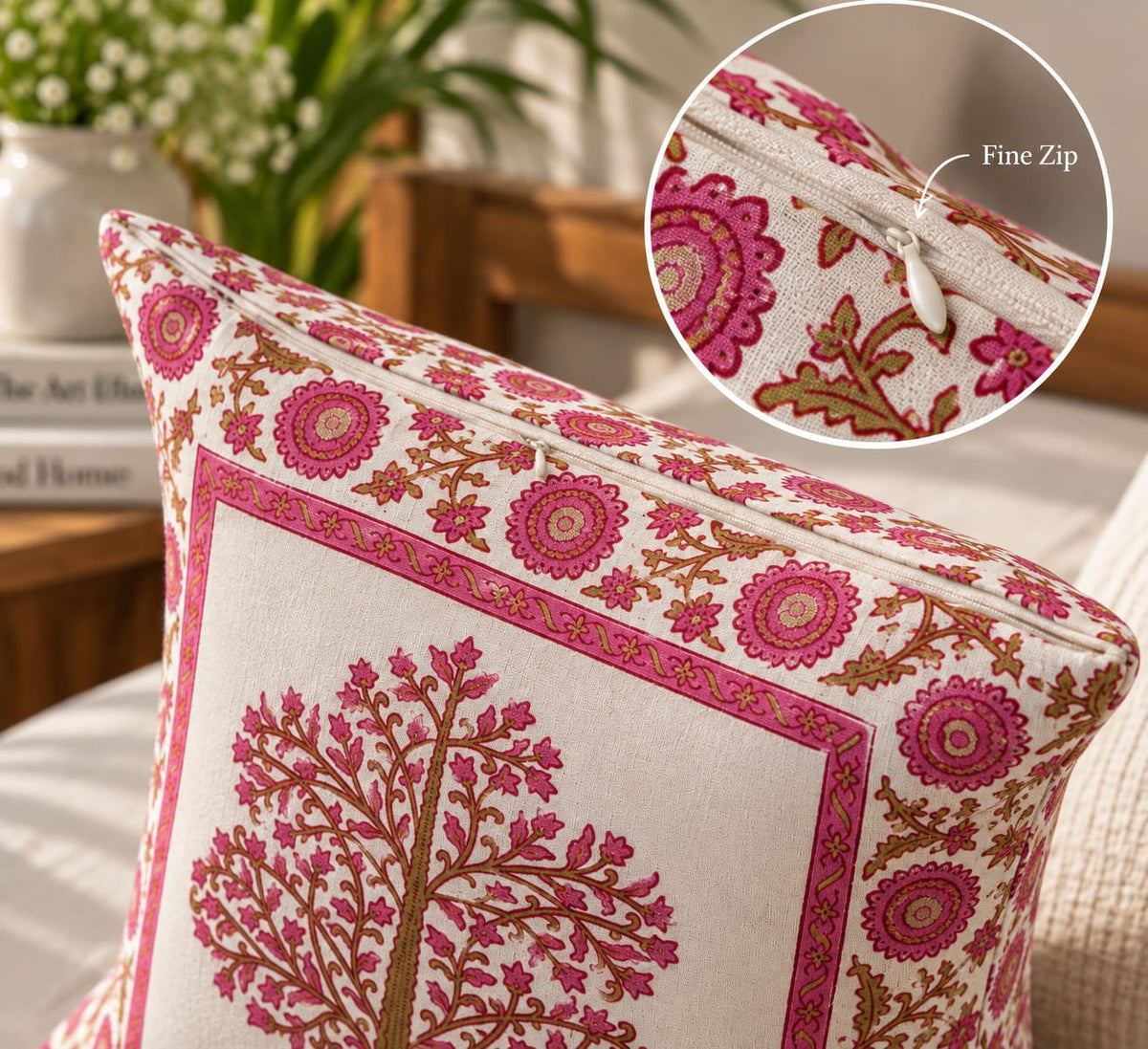 ChapaSsyahii Cushion Cover Set of 5 - Pink Tree of Life, zip and print close-up