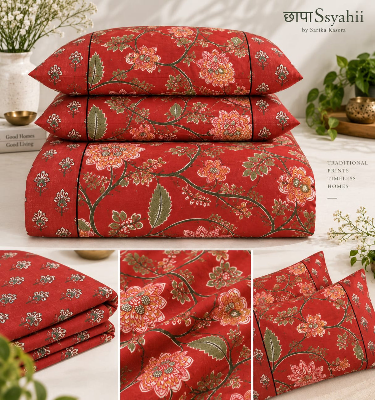 ChapaSsyahii Ajrakh Mix and Match Bedsheet Set - Red Floral, product stack with pillow covers