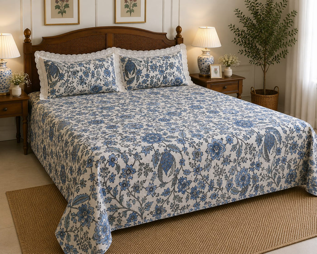 Canterbury Blue Bloom - Cotton King Size Bedsheet - ChapaSSyahii - King Size Bedsheet - ChapaSsyahii