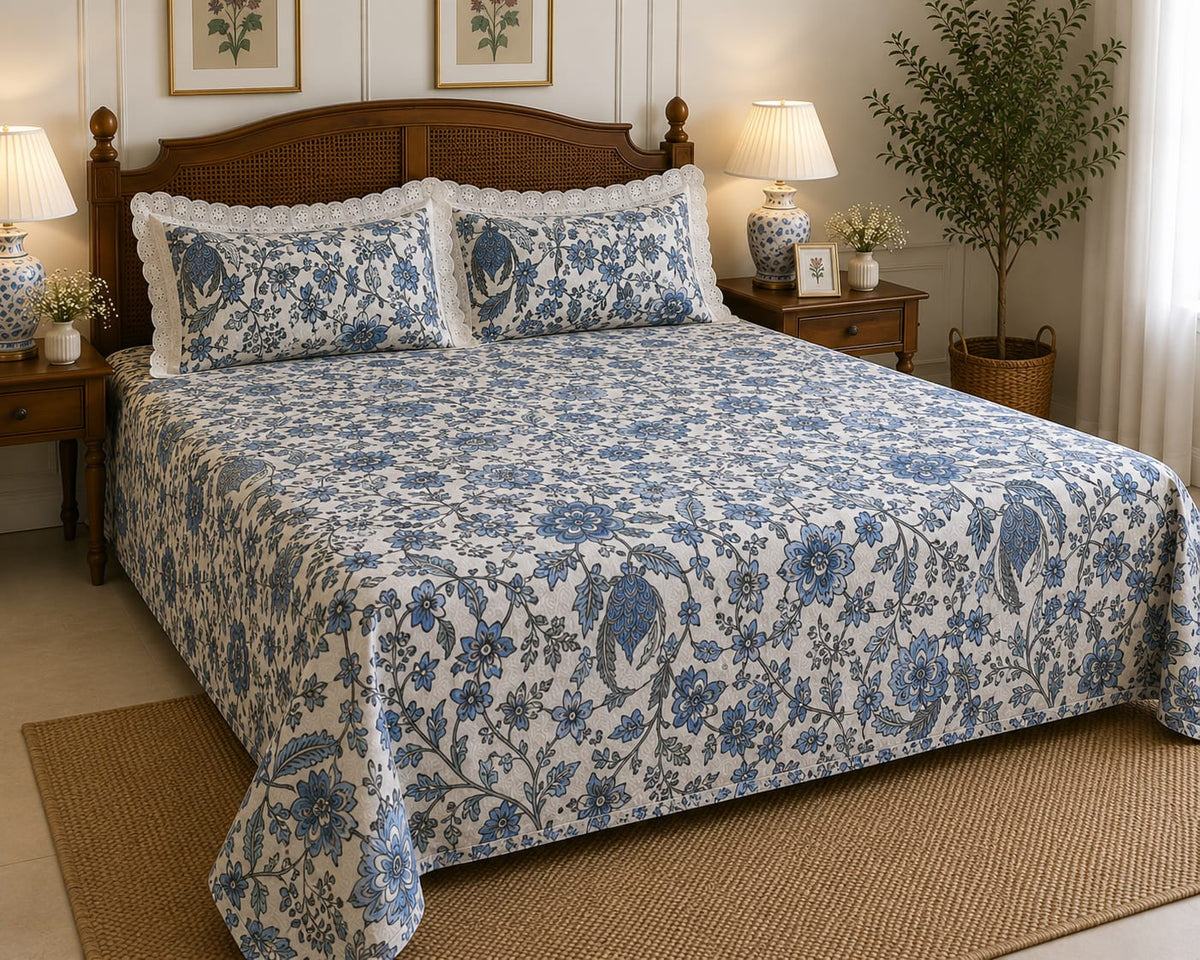 Canterbury Blue Bloom - Cotton King Size Bedsheet - ChapaSSyahii - King Size Bedsheet - ChapaSsyahii