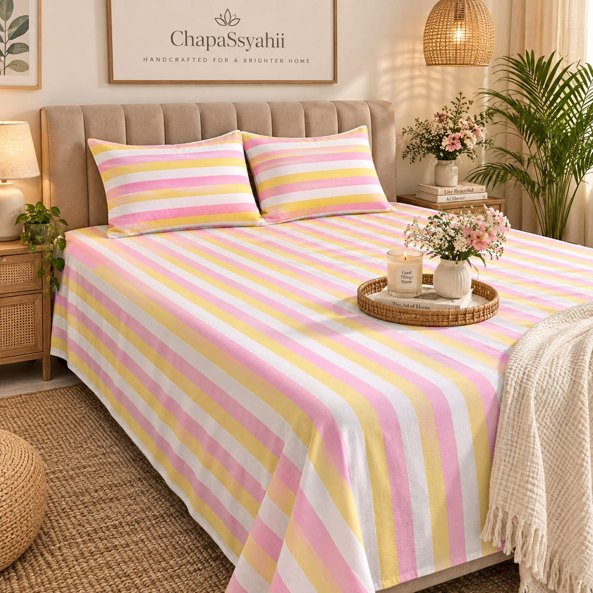 Blush Pink & Yellow Multistripe Handloom Bedsheet Set - ChapaSsyahii