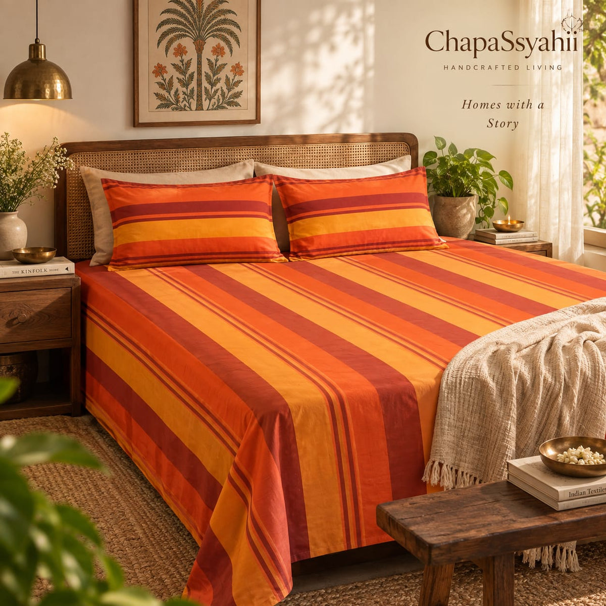 Rustic Orange & Maroon Multistripe Handloom Bedsheet Set - ChapaSsyahii