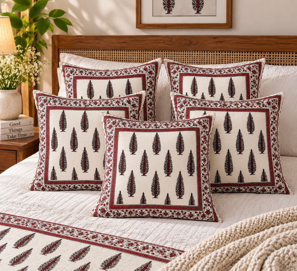 ChapaSsyahii Cushion Cover Set of 5 - Red Cypress, set of 5 on bed