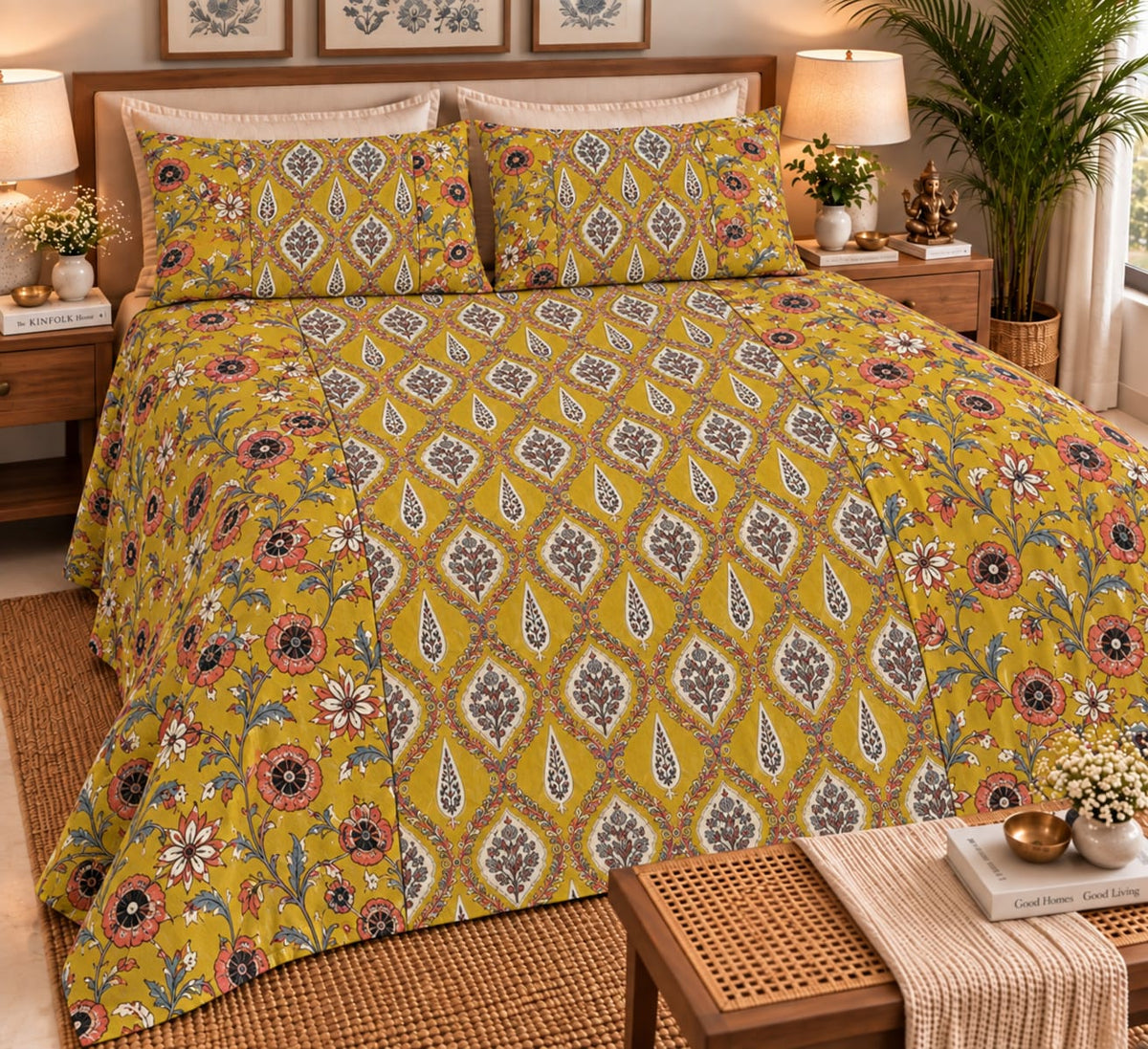 ChapaSsyahii Ajrakh Mix and Match Bedsheet Set - Yellow Trellis, full bed shot