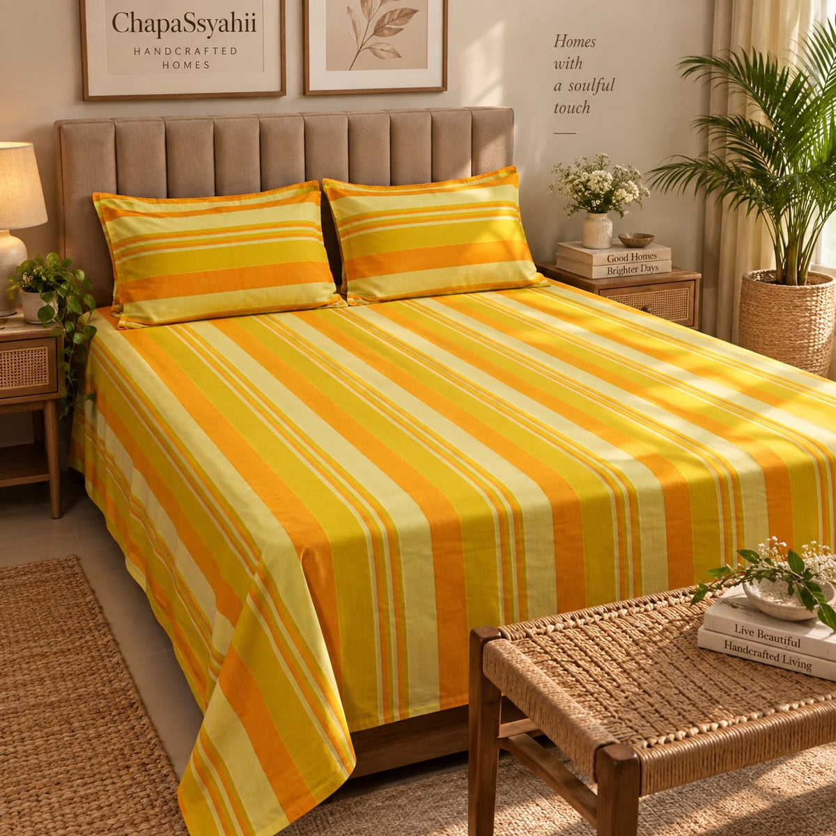 Golden Yellow & Orange Multistripe Handloom Bedsheet Set - ChapaSsyahii