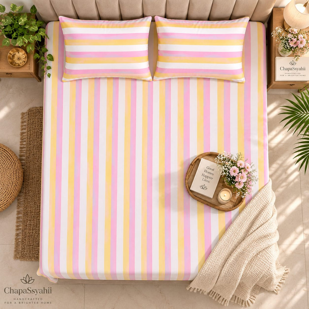 Blush Pink & Yellow Multistripe Handloom Bedsheet Set - ChapaSsyahii