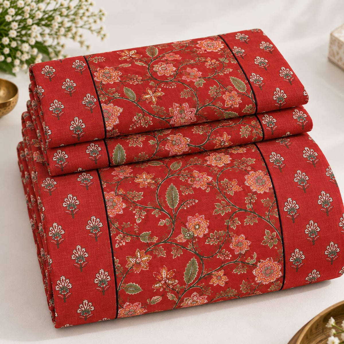 ChapaSsyahii Ajrakh Mix and Match Bedsheet Set - Red Floral, folded